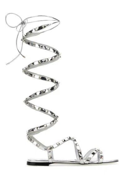 Valentino Spiral Strappy Metallic Sandals In Silver