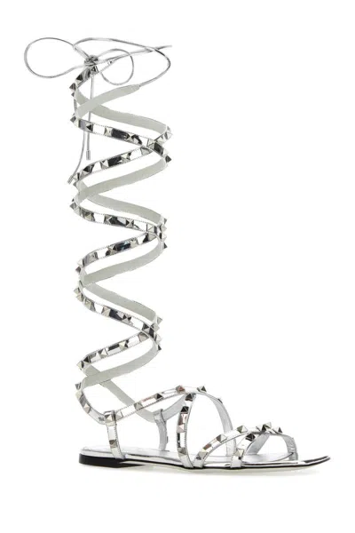 Valentino Spiral Strappy Metallic Sandals In Silver