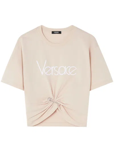 Versace Cropped T-shirt With Twist Detail And Safety Pin Logo In Beige