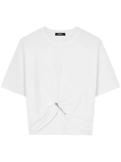Versace Logo And Safety Pin Cotton T-shirt In White