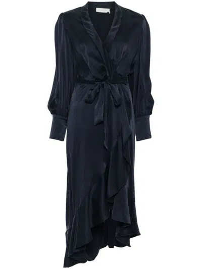 Zimmermann Long-sleeve Wrap Silk Midi Dress In Blue