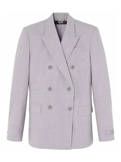Versace Double-breasted Chambray Blazer In Gray
