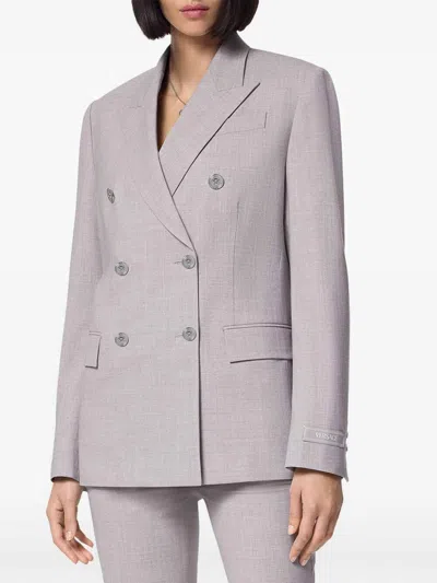 Versace Double-breasted Chambray Blazer In Gray