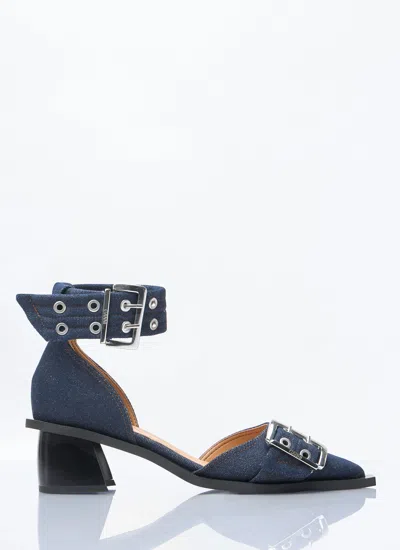 Ganni Navy Feminine Buckle Open Cut Heels In Blue