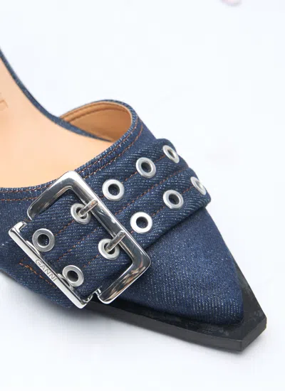 Ganni Navy Feminine Buckle Open Cut Heels In Blue
