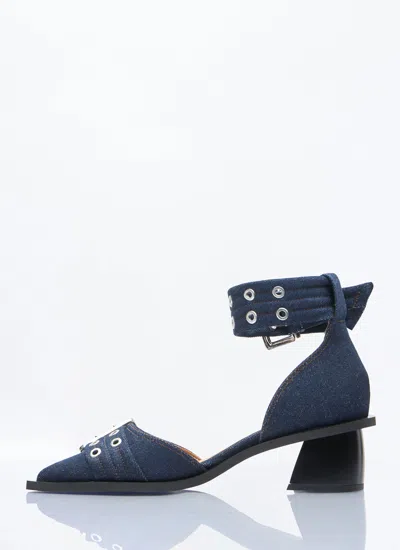 Ganni Navy Feminine Buckle Open Cut Heels In Blue