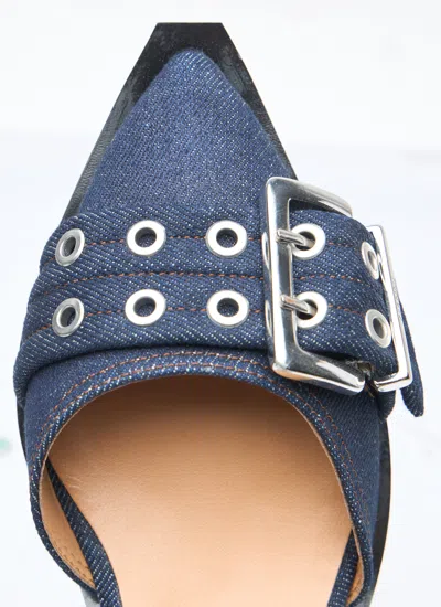 Ganni Navy Feminine Buckle Open Cut Heels In Blue