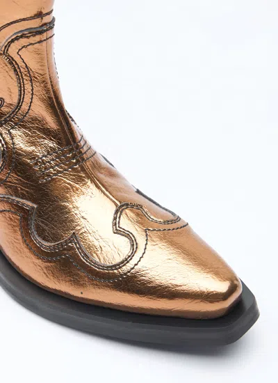 Ganni Women Mid Shaft Embroidered Metallic Western Boots In Brown