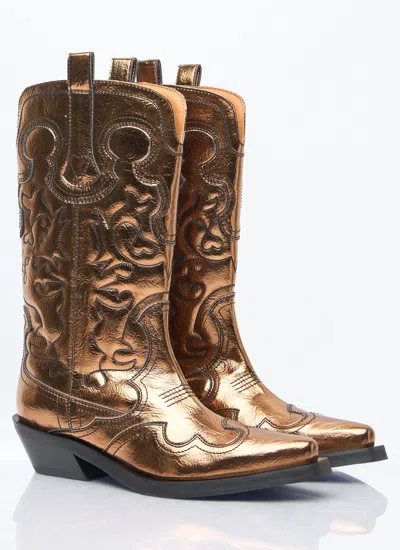 Ganni Women Mid Shaft Embroidered Metallic Western Boots In Brown