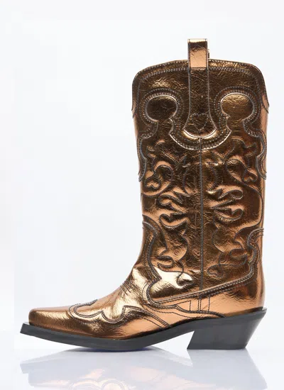 Ganni Women Mid Shaft Embroidered Metallic Western Boots In Brown
