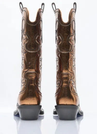 Ganni Women Mid Shaft Embroidered Metallic Western Boots In Brown