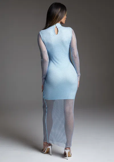 Bebe Diamante Crystal Mesh Gown In Frosted Blue