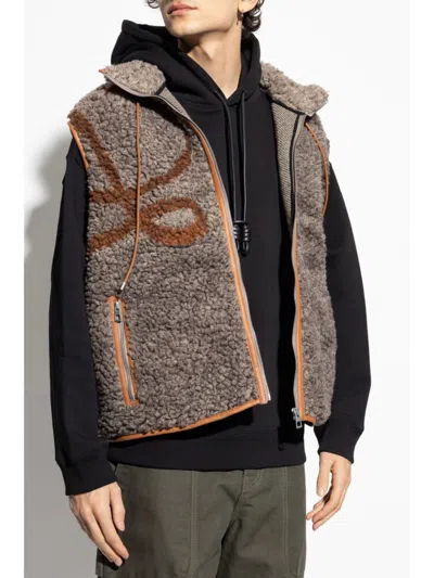 Loewe Mens Beige Khaki Green Brand-monogram Faux-shearling Woven Gilet In Multicolor
