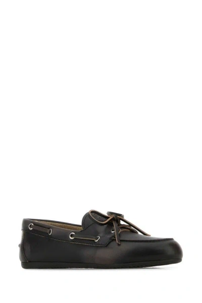 Miu Miu Unlined Boat Loafers In Decolored Leather In Black