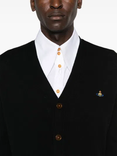 Vivienne Westwood Black V Neck Cardigan With Orb Embroidery In Cotton And Cashmere In Multicolor