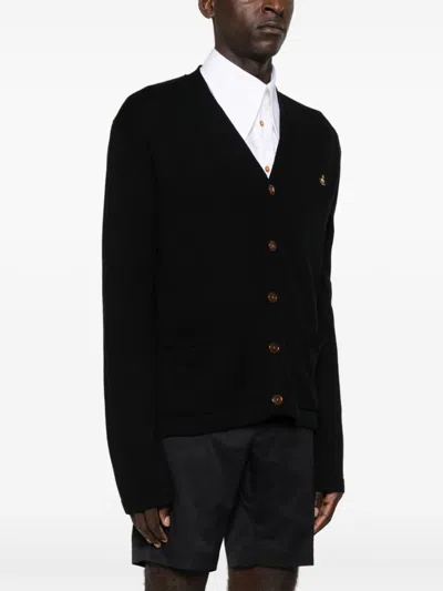Vivienne Westwood Black V Neck Cardigan With Orb Embroidery In Cotton And Cashmere In Multicolor