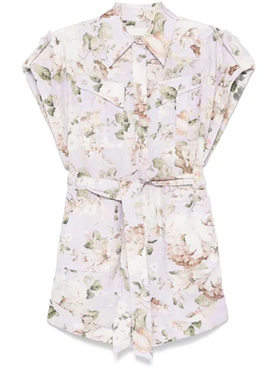 Zimmermann Floral Print Linen Playsuit With Belted Waist And Short Sleeves In Multicolor