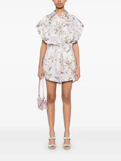 Zimmermann Floral Print Linen Playsuit With Belted Waist And Short Sleeves In Multicolor