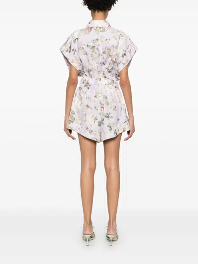Zimmermann Floral Print Linen Playsuit With Belted Waist And Short Sleeves In Multicolor