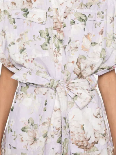 Zimmermann Floral Print Linen Playsuit With Belted Waist And Short Sleeves In Multicolor