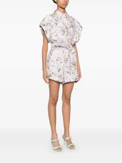 Zimmermann Floral Print Linen Playsuit With Belted Waist And Short Sleeves In Multicolor