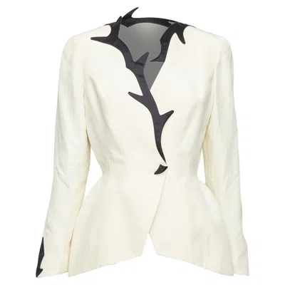 Mugler Off White Cotton Border Collar Peplum Blazer In White
