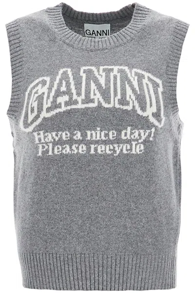 Ganni Knitted Vest With Logo In Grey