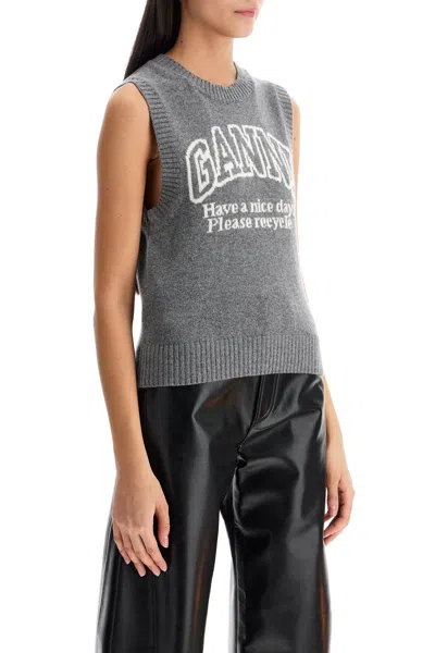 Ganni Knitted Vest With Logo In Grey