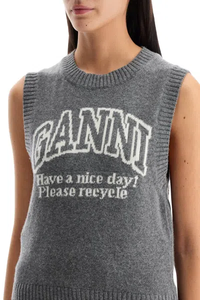 Ganni Knitted Vest With Logo In Grey