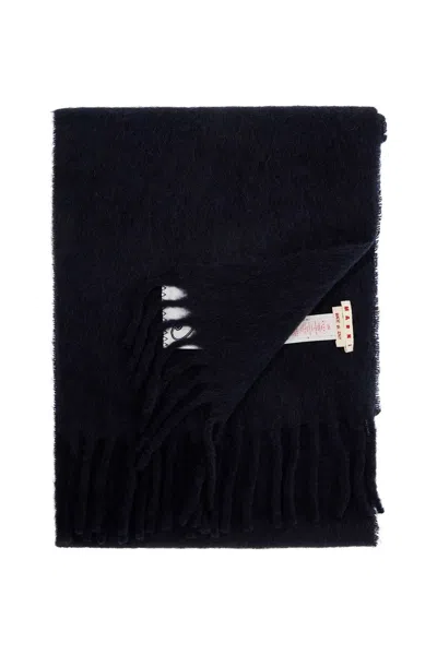 Marni Womens Blublack Brand-tab Fringed-hem Alpaca-blend Scarf In Blue