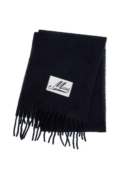 Marni Womens Blublack Brand-tab Fringed-hem Alpaca-blend Scarf In Blue