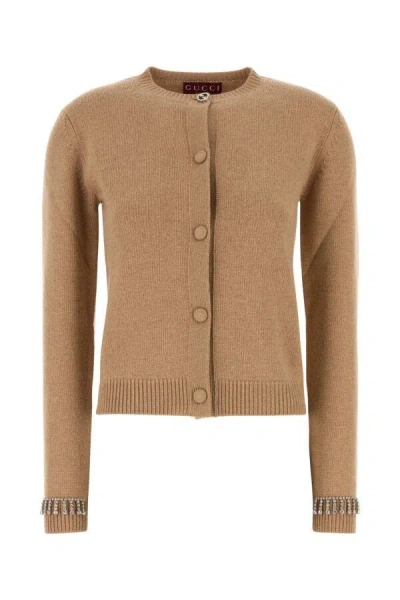 Gucci Camel Wool Blend Cardigan In Brown