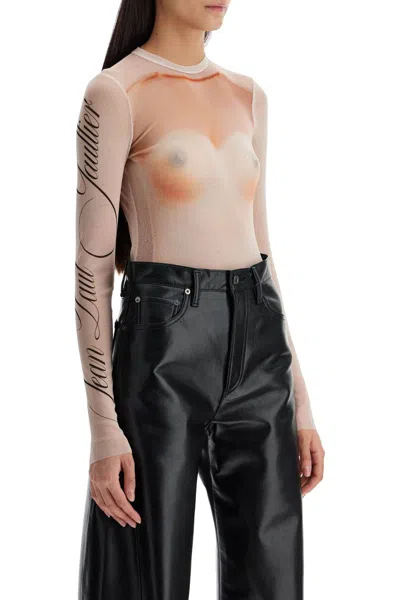 Jean Paul Gaultier Printed Mesh Body Suit For Women In Pink