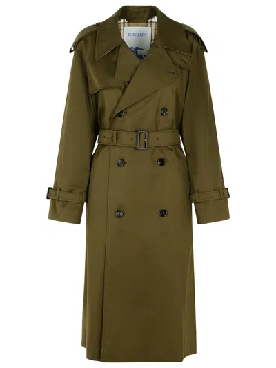 Burberry Belted Double-breasted Long Trench In Green