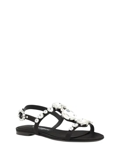 Dolce & Gabbana Black Sandals With Embroidered Stones Decorations In Satin Woman In Multicolor