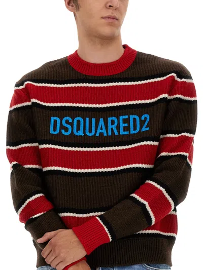 Dsquared2 Logo Crew Neck Sweater With Striped Pattern In Multi