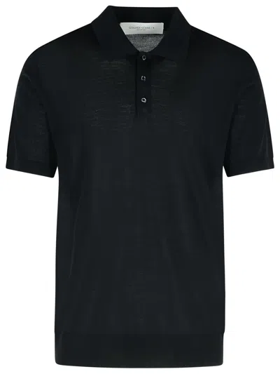 Golden Goose Black Polo With Short Sleeves And Ribbed Hem In Virgin Wool Man In Black