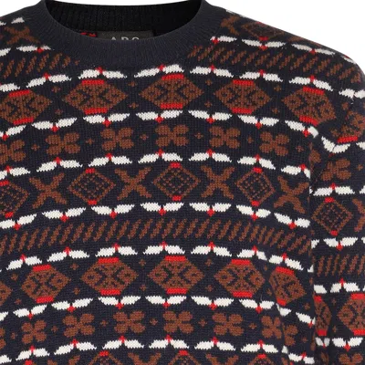 Apc John Multicolor Crewneck Sweater With Intarsia Knit In Wool Man In Blue