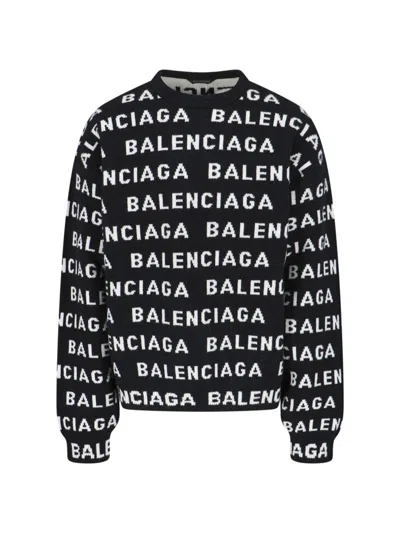 Balenciaga Logo All Over Print Pullover Sweater In Black