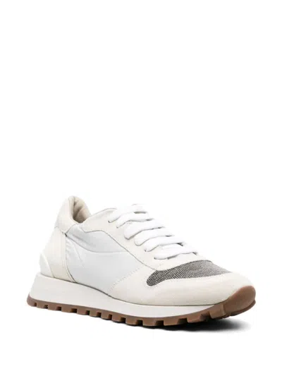 Brunello Cucinelli Bead-embellished Nylon And Suede Sneakers In White