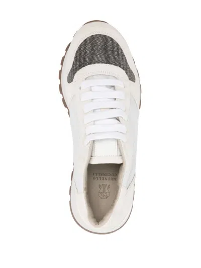Brunello Cucinelli Bead-embellished Nylon And Suede Sneakers In White