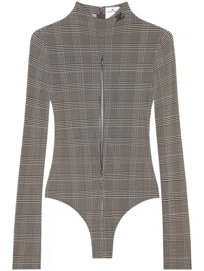 Courrèges High Neck Stretch Body With Prince Of Wales Check In Natural / Mud Brown