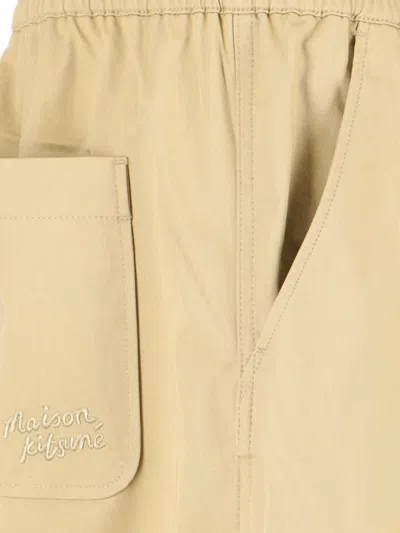 Maison Kitsuné Straight Trousers With Elastic Waistband And Pockets In Beige