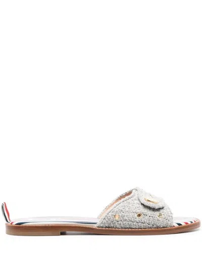Thom Browne Embossed-button Tweed Flat Sandals In Grey