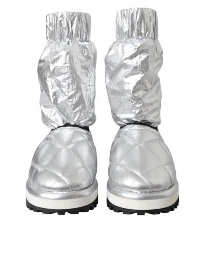 Dolce & Gabbana Metallic Silver Quilted Logo Patch Boot Shoes In Silver