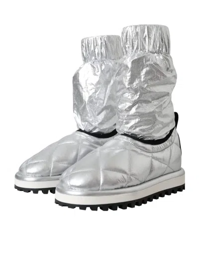 Dolce & Gabbana Metallic Silver Quilted Logo Patch Boot Shoes In Silver