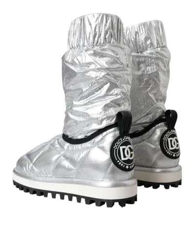 Dolce & Gabbana Metallic Silver Quilted Logo Patch Boot Shoes In Silver