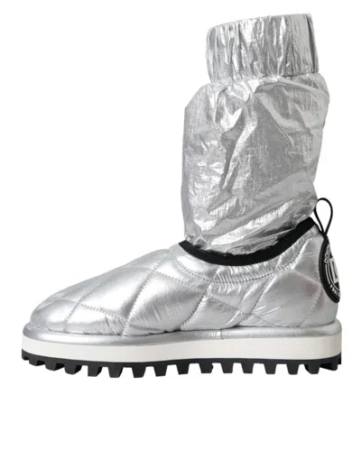 Dolce & Gabbana Metallic Silver Quilted Logo Patch Boot Shoes In Silver