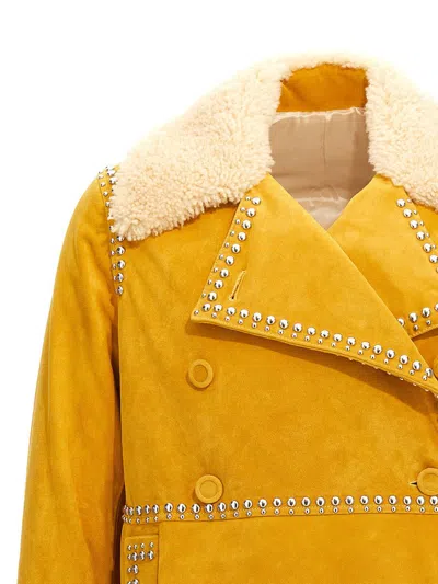 Wales Bonner 'studded Shearling Collar Double-breasted Jacket' In Yellow