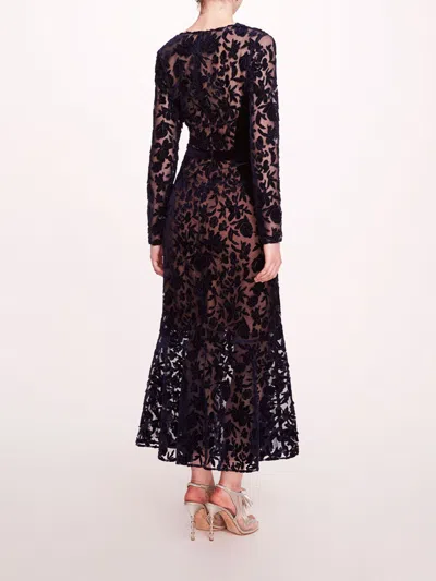 Marchesa Long Sleeve Velvet Midi Dress In Midnight